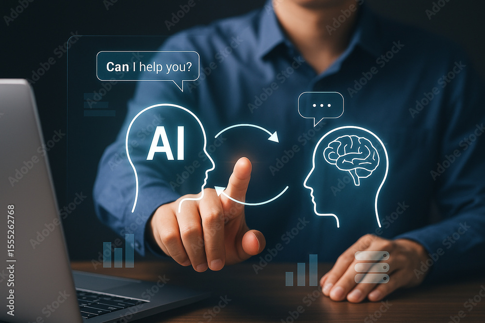 Poster man interacting with ai interface on laptop with ai head and brain graphic overlay and data bars