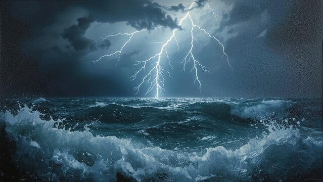 Stormy ocean. Stormy ocean waves crashing under lightning storm, dramatic seascape perfect for weather, nature, power themes, dark moody sky, intense energy, thunderstorm background, dynamic water mo