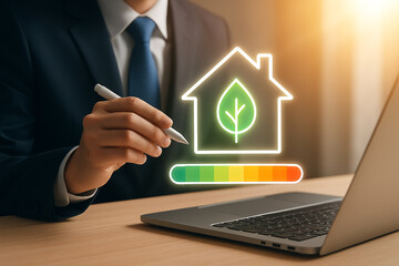 Person using stylus on laptop with eco house icon and energy efficiency rating graphic overlayed