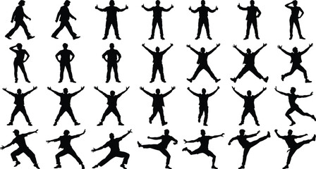 Collection of dynamic human silhouettes in various poses showcase movement and activity, isolated on white, perfect for design.