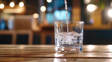 Water being poured into a glass on a wooden table in a dimly lit restaurant