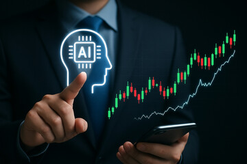 A person in a suit holding a phone with an ai head and a stock chart overlayed on the image shown