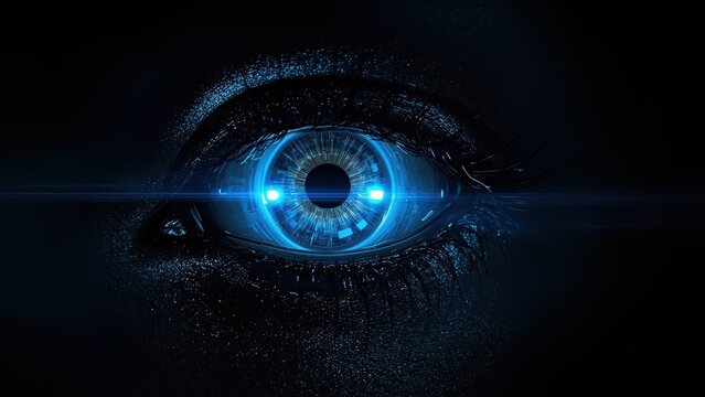 Futuristic human eye glowing blue with digital interface elements, cybernetic technology, dark background, high-tech concept, artificial intelligence, sci-fi mood, close-up detailed macro shot - Powered by Adobe