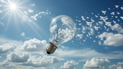 Light bulb transforming into flying birds against bright blue sky with sun rays and fluffy clouds, creativity innovation concept, freedom imagination nature inspiration hope future