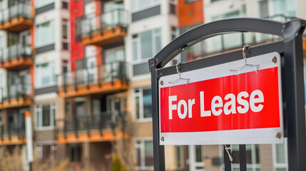 Obraz premium Modern apartment building with for lease sign in focus, urban real estate rental property and commercial space vacancy concept. 