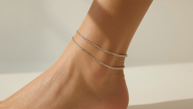 Delicate silver chain anklets on slender tanned foot against soft beige background with natural light highlighting smooth skin elegance and minimalistic style