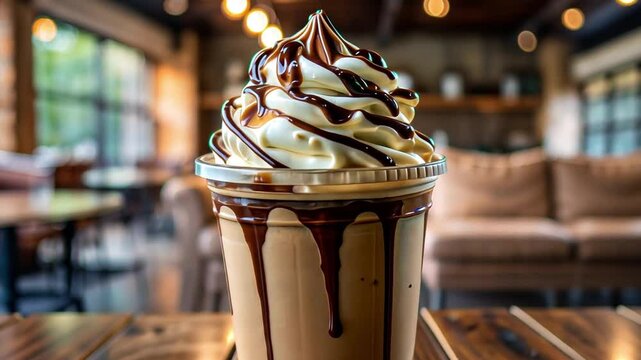 A delicious chocolate milkshake topped with whipped cream and chocolate drizzle sits on a wooden table in a cozy caf&eacute; setting.