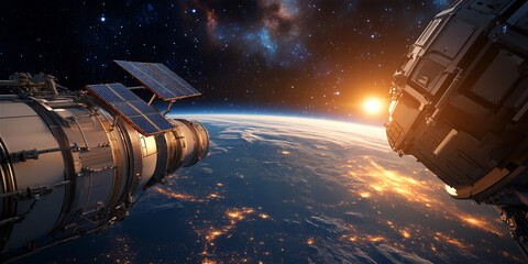 Spacecraft orbiting Earth at sunrise, showcasing solar panels and intricate design, with a breathtaking view of the planet's surface illuminated by city lights and cosmic backdrop