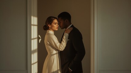 Romantic couple embracing tenderly indoors near window casting warm light shadows, elegant woman in beige coat, man in black suit, intimate mood, soft natural colors, modern minimalist interior
