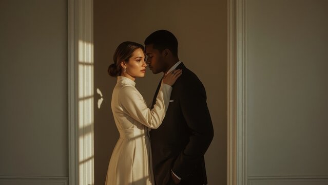 Romantic couple embracing tenderly indoors near window casting warm light shadows, elegant woman in beige coat, man in black suit, intimate mood, soft natural colors, modern minimalist interior - Powered by Adobe