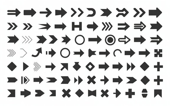 Presentation of arrow symbols in various shapes, representing direction, navigation, and graphical user interface elements