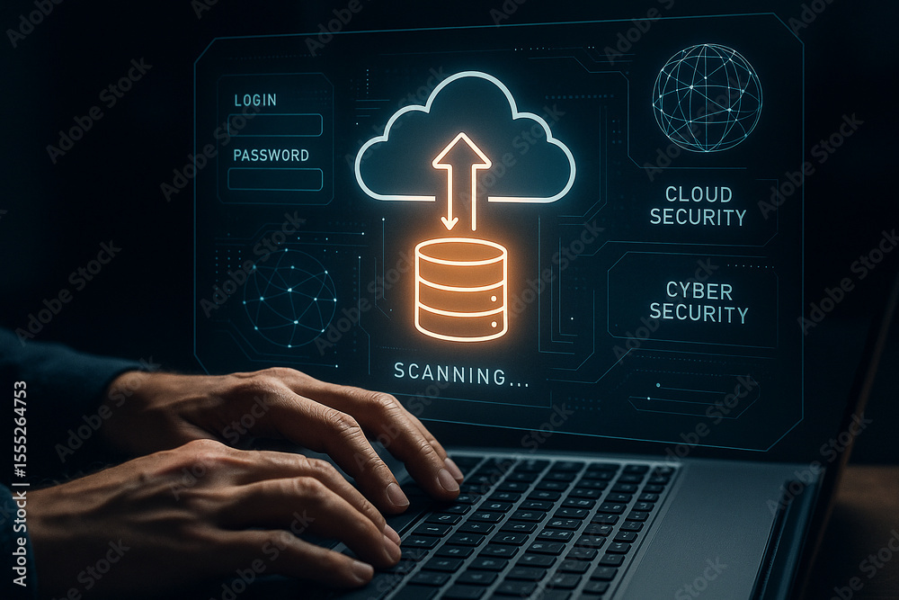 Poster cloud computing security data transfer cyber security network login password scanning on laptop scre