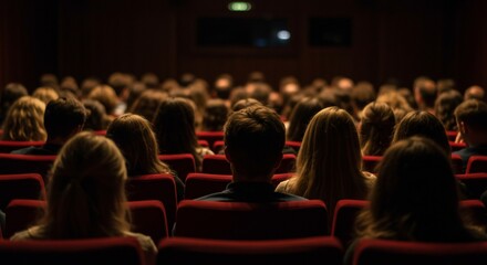 Captivated Audience in Dark Theater Watching Movie on Big Screen