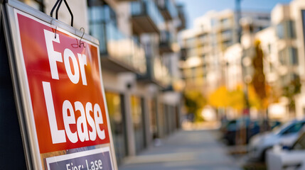 Modern apartment building with for lease sign in focus, urban real estate rental property and commercial space vacancy concept.
