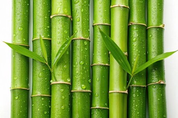 Fototapeta premium Green bamboo stems with drops of water on white background, closeup
