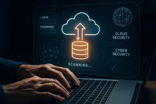 Cloud computing security data transfer cyber security network login password scanning on laptop screen