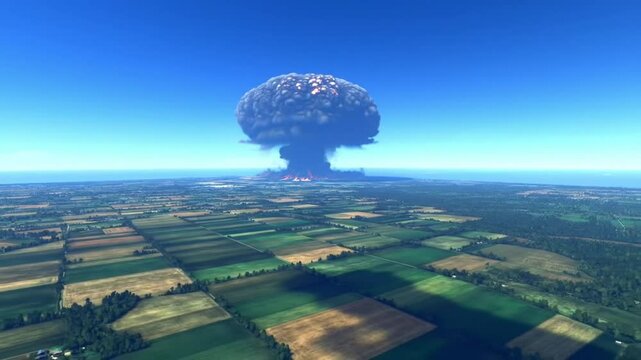 Aerial view of a mushroom cloud over a landscape near the ocean on a clear day