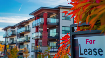 Obraz premium Modern apartment building with for lease sign in focus, urban real estate rental property and commercial space vacancy concept. 