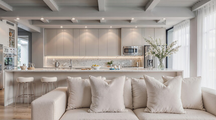 The modern minimalist living room and kitchen area