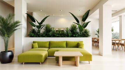 The modern minimalist living room and kitchen area