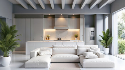 The modern minimalist living room and kitchen area