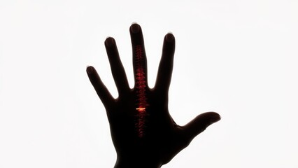 Obraz premium Black silhouette hand with red laser beam on white background