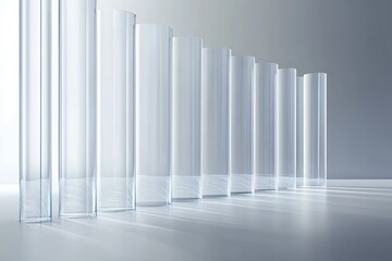 Obraz premium Row of translucent glass cylinders casting long shadows on a light gray surface