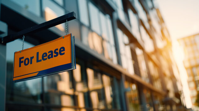 Modern apartment building with for lease sign in focus, urban real estate rental property and commercial space vacancy concept.
