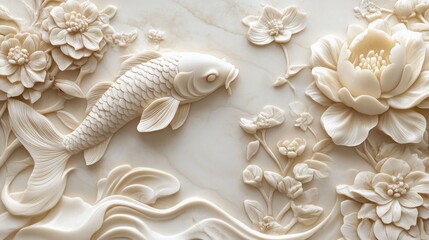 Ornate cream-colored relief carving of fish and flowers on a marble-like background