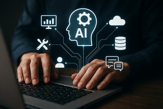 Artificial intelligence ai technology concept with person using laptop for data analysis 100