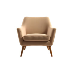 Modern minimalist beige armchair with wooden legs transparent background PNG, isolated furniture piece, front angle view, photorealistic texture, clean shadows, home decor

