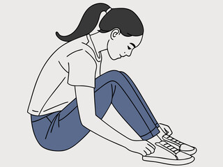 Minimalist illustration of young woman tying shoelaces while squatting on light grey background