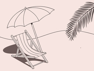 Modern flat design of calm beach scene with white chair and elegant umbrella
