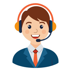 Happy customer support representative wearing headset communicating with clients on clean white background