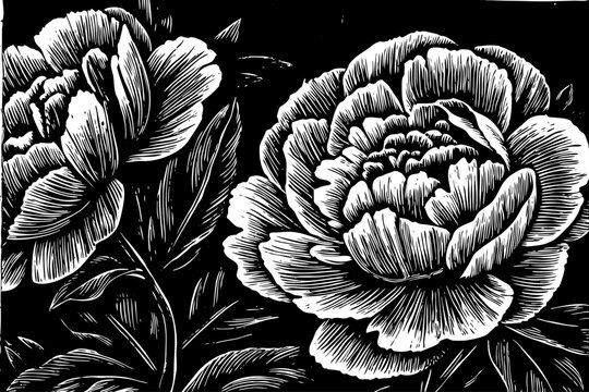 Blooming peony with layered petals and lush shape, a black and white sketch vector hand drawn