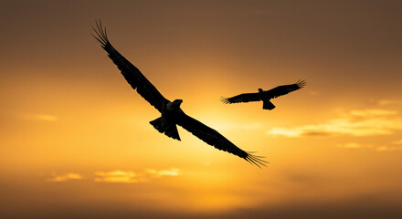 Majestic eagles soaring at sunset, silhouettes against a fiery golden sky, a breathtaking display of freedom and grace.
