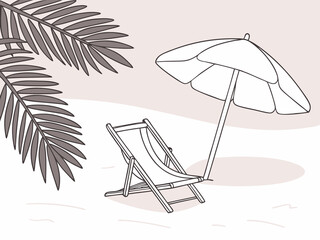 Minimal beach scene with white chair and umbrella on soft pink sand background
