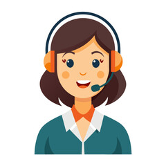 Cheerful female call center employee assisting customers with headset in bright white studio
