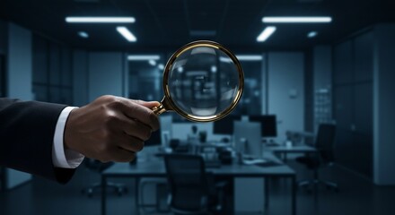 Dark Office Investigation Magnifying Glass Closeup