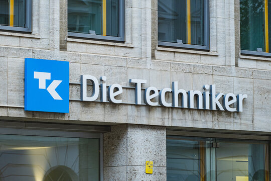Techniker Krankenkasse, German insurance company logo on the exterior of a branch located in the center of Dusseldorf