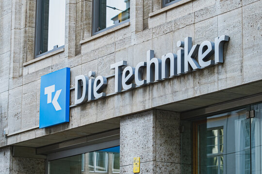 Techniker Krankenkasse, German insurance company logo on the exterior of a branch located in the center of Dusseldorf