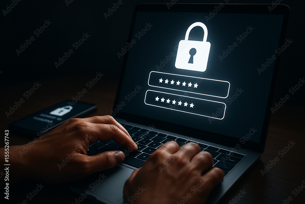 Poster secure login on laptop with password protection for data privacy and cyber security authentication a