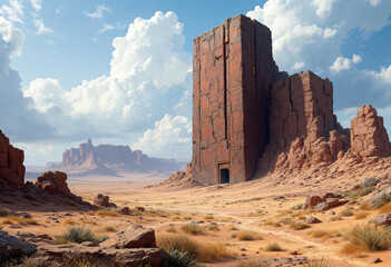 iron monolith with desert

