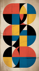 Bold geometric abstract composition showcasing circles, squares, and triangles with a distinct retro textured aesthetic