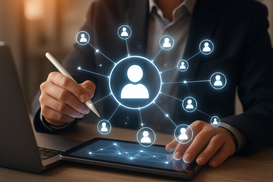 Business networking and connection concept with businessman using digital tablet for social media network