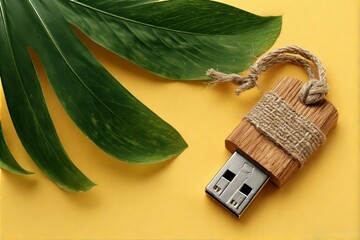 Wooden USB Drive with Jute Tag and Tropical Leaf on Yellow Background