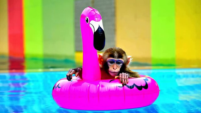Monkey floating in a pink flamingo pool float, evoking summer fun and relaxation; perfect for kids&rsquo; ads, travel campaigns, party invitations, and playful digital content