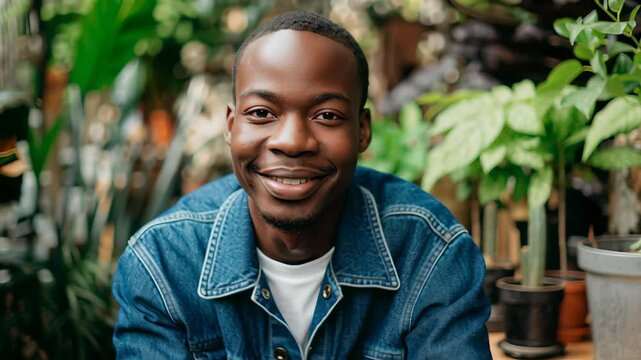 Portrait of young handsome african american botanist posing in greenhouse