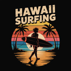 Hawaii Surfing Retro Sunset Silhouette of Surfer Walking on Beach
