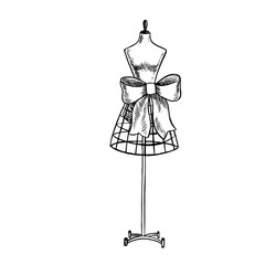 A tailor s mannequin with a bow at the waist. Vector graphics, black and white hand-drawn illustration. An element of your design for banners, posters, and websites. For postcards, labels, packaging